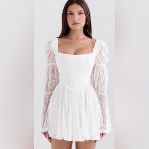 House of CB White Lace Square-Neck Mini Dress with Puff Sheer Sleeves